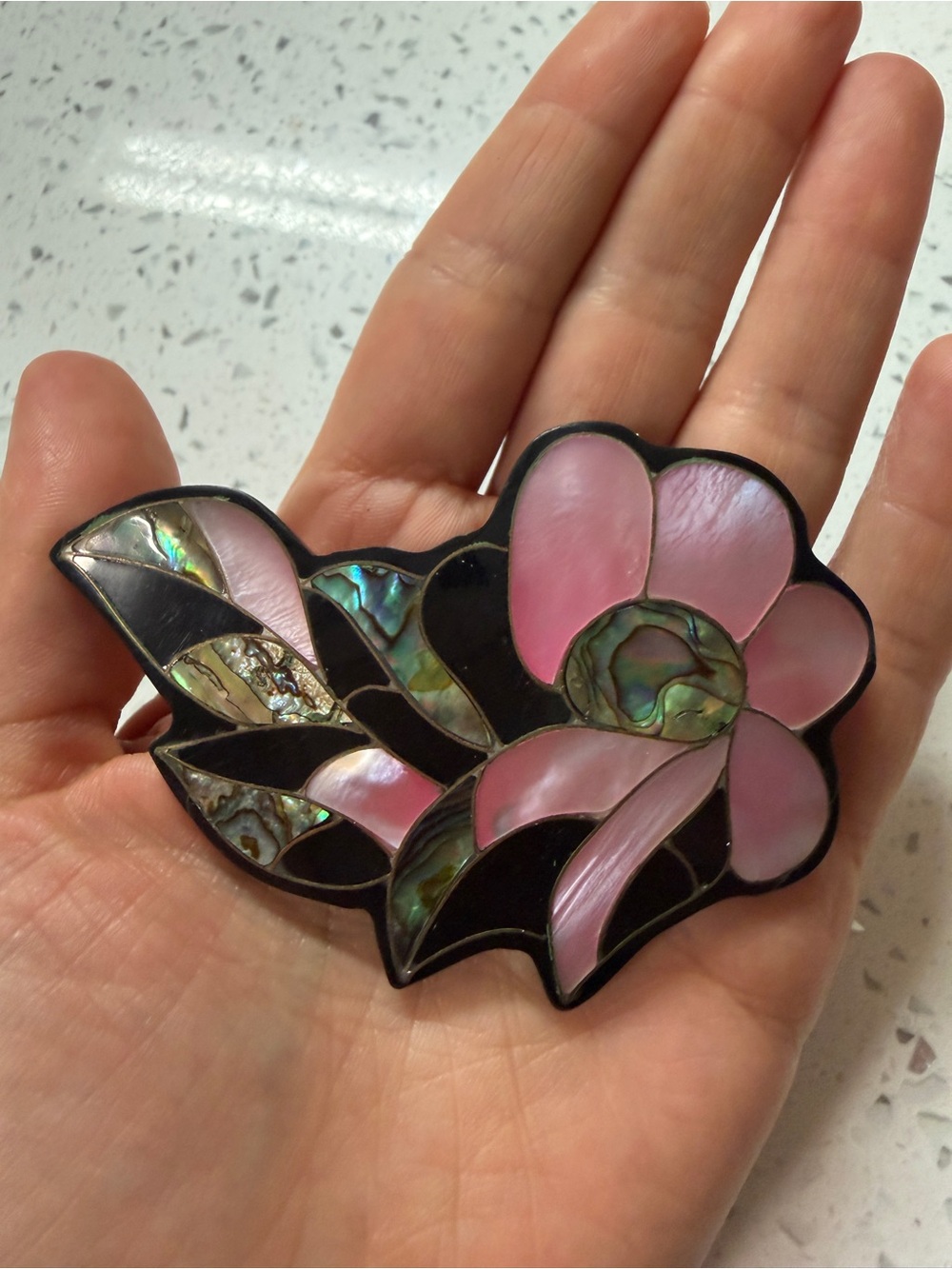 1970s VTG Pink Mother of Pearl Abalone Shell Floral French Barrette Hair Clip